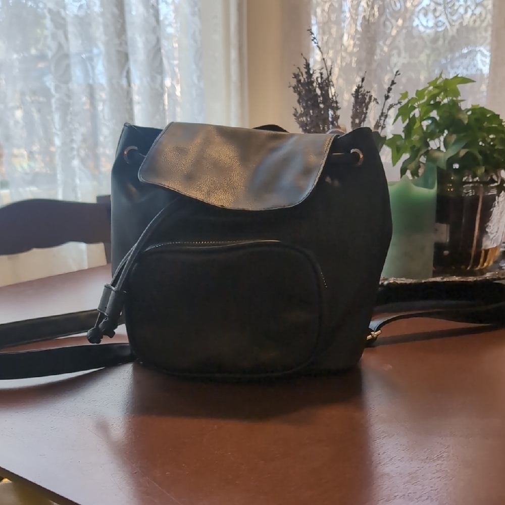 Black Leather Women's Backpack Purse